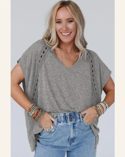 Short Sleeve T Shirt Casual Gray Crochet Lace, view 4