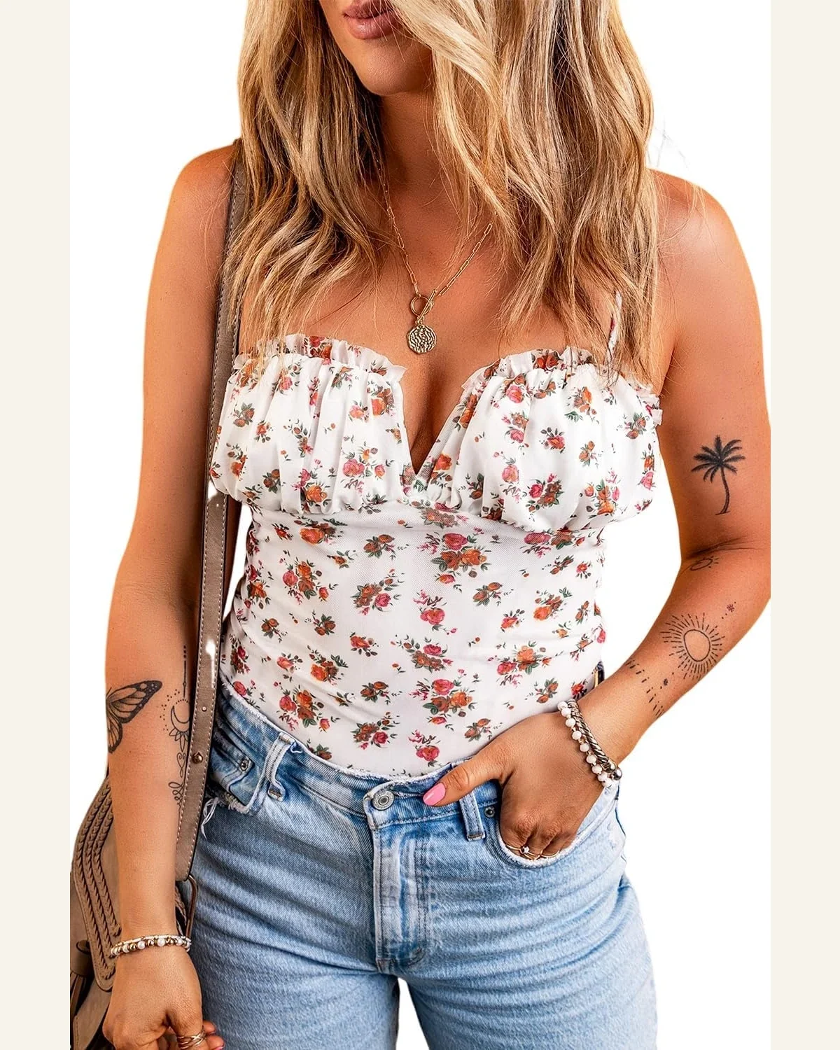 Bodysuit White Floral V Cut Frilled Trim Spaghetti by SELINK