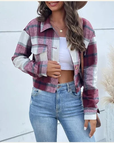 Cropped Flannel Plaid Jacket Casual Long Sleeve Button, view 3