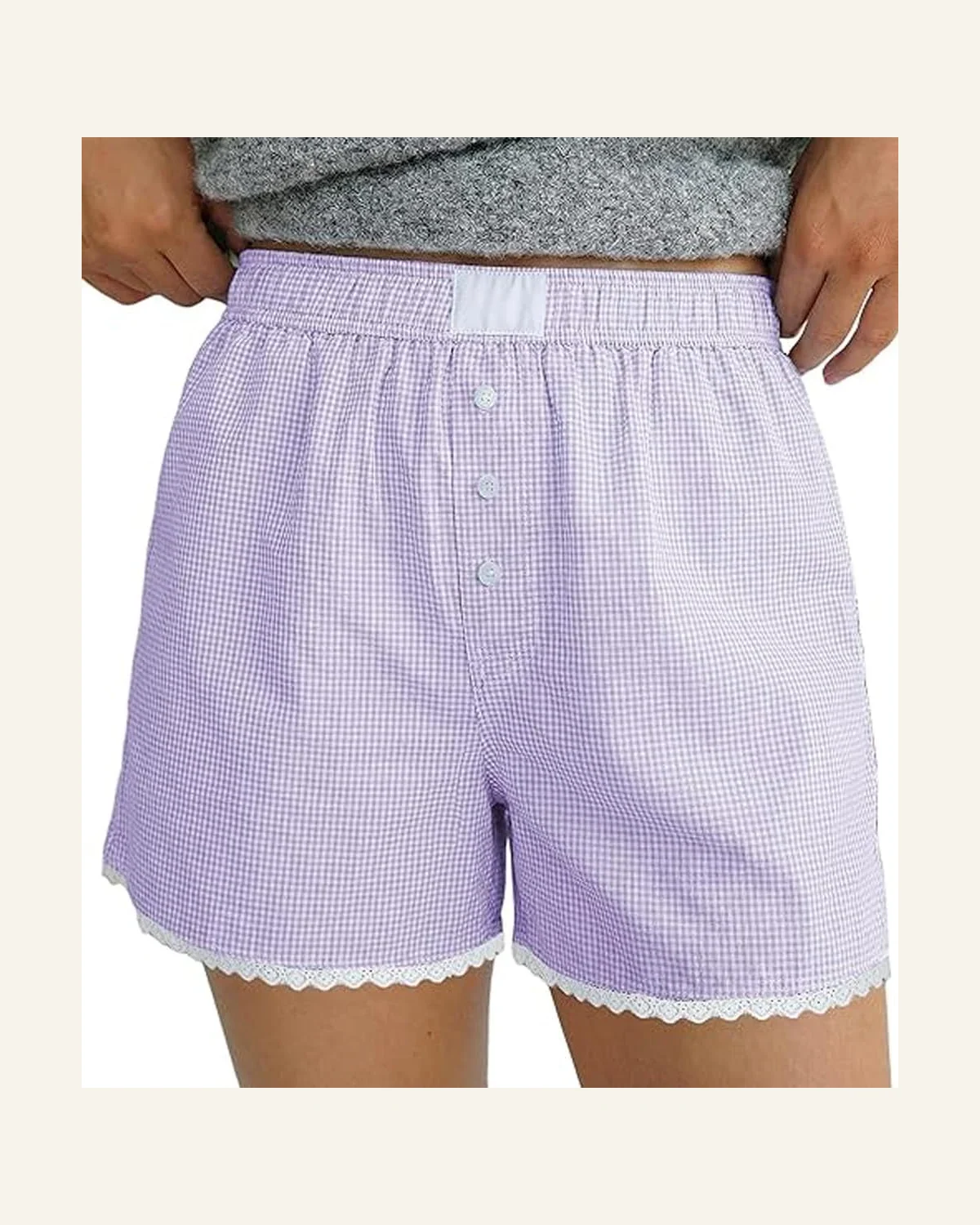 Casual Purple Gingham Plaid Lace Trim Boxer Shorts by SELINK