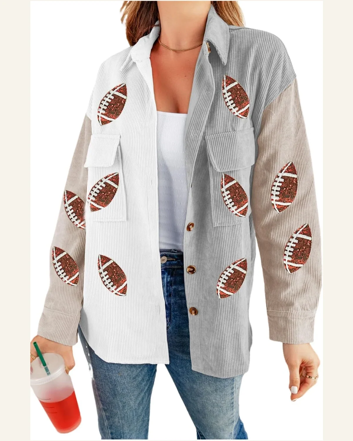 Shacket Jacket Casual White Sequin Rugby Graphic Flap by SELINK