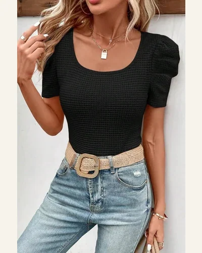 Short Sleeve T Shirt Elegant Black Waffle Knit, view 4