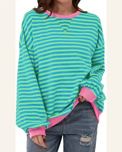 Oversized Sweatshirts Striped Color Block Long Sleeve Crewneck, view 1