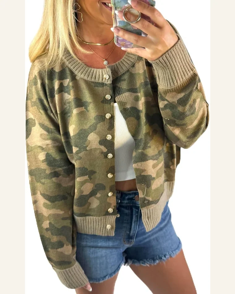 Camo Knit Cardigan Button Down Long Sleeve Sweater by SELINK