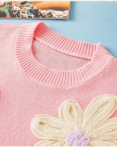 Summer Crew Neck Sleeveless Flower Sweater Casual Crochet, view 3