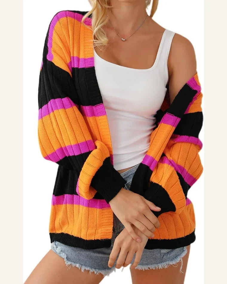 Cardigan Sweater Casual Black Striped Colorblock Drop Shoulder by SELINK