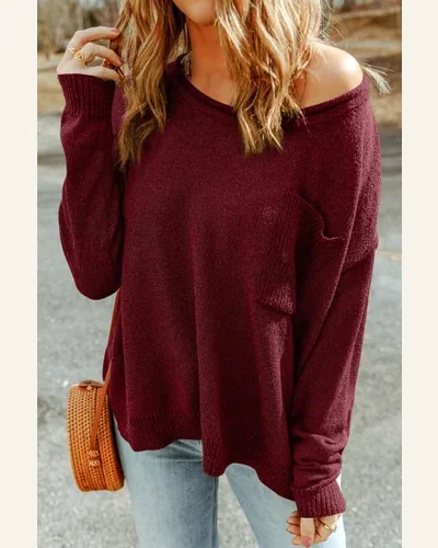 Pullover Sweater Tops Basic Burgundy Solid Color Off, view 3