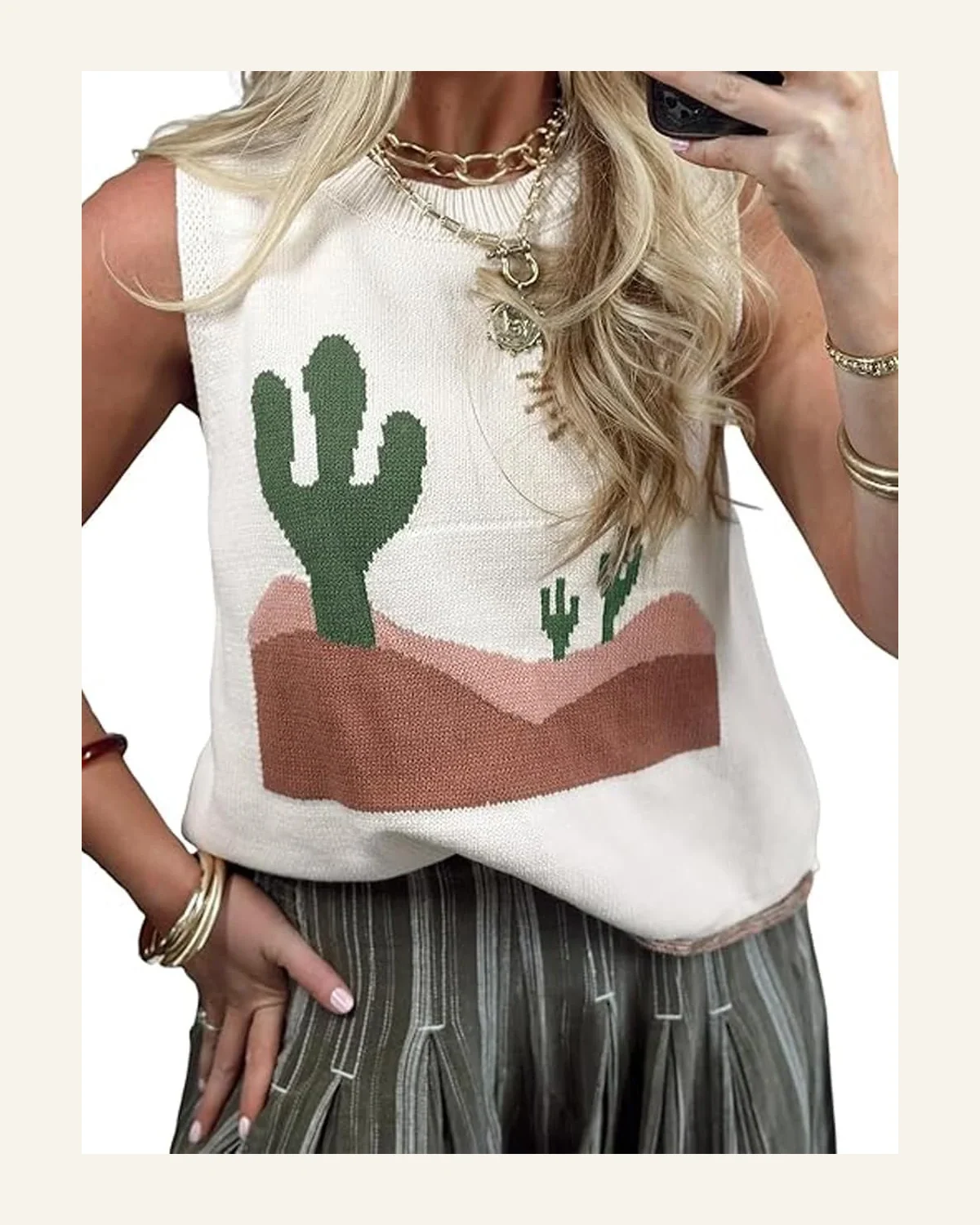 Western Print Tank Tops Basic Multicolour Cactus Oasis by SELINK
