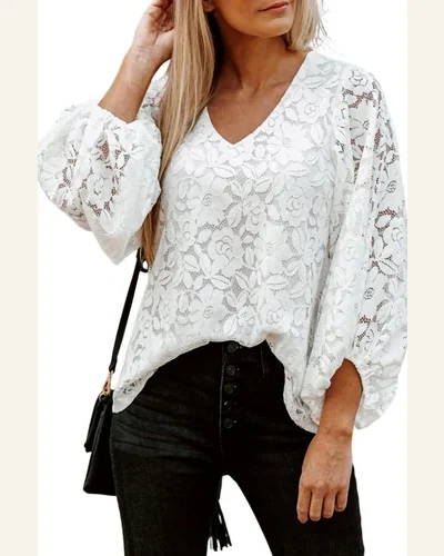 Tunic Tops Casual White Floral Lace Crochet Loose, view 1