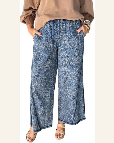 Casual Blue Leopard Print High Waisted Jeans Exposed, view 1