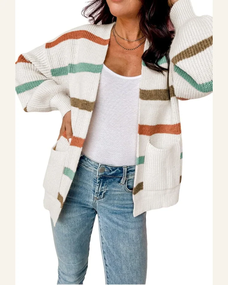 Cardigan Sweater Casual Beige Drop Shoulder Pocketed Stripe by SELINK