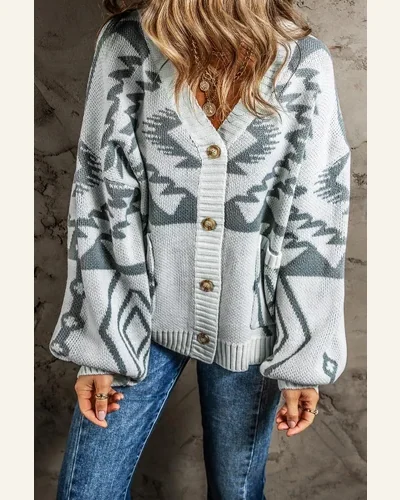 Cardigan Sweater Casual Light Grey Geometric Pattern Ribbed, view 4