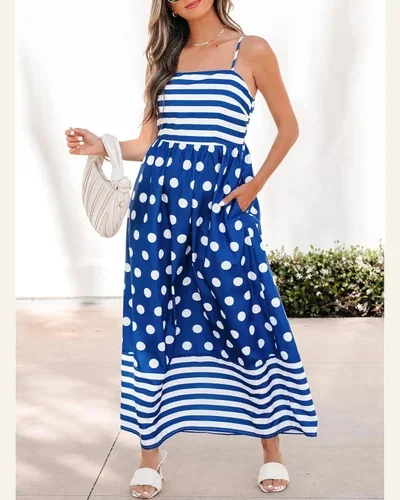 Spaghetti Strap Maxi Dresses Striped Polka Dot Casual, view 2