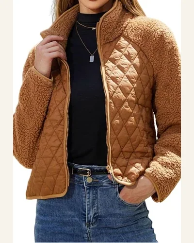 Shacket Jacket Casual Chestnut Sherpa Plush Quilted Puffer, view 1