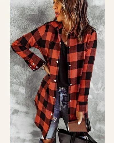 Shacket Jacket Casual Fiery Red Turn-down Collar Plaid, view 3