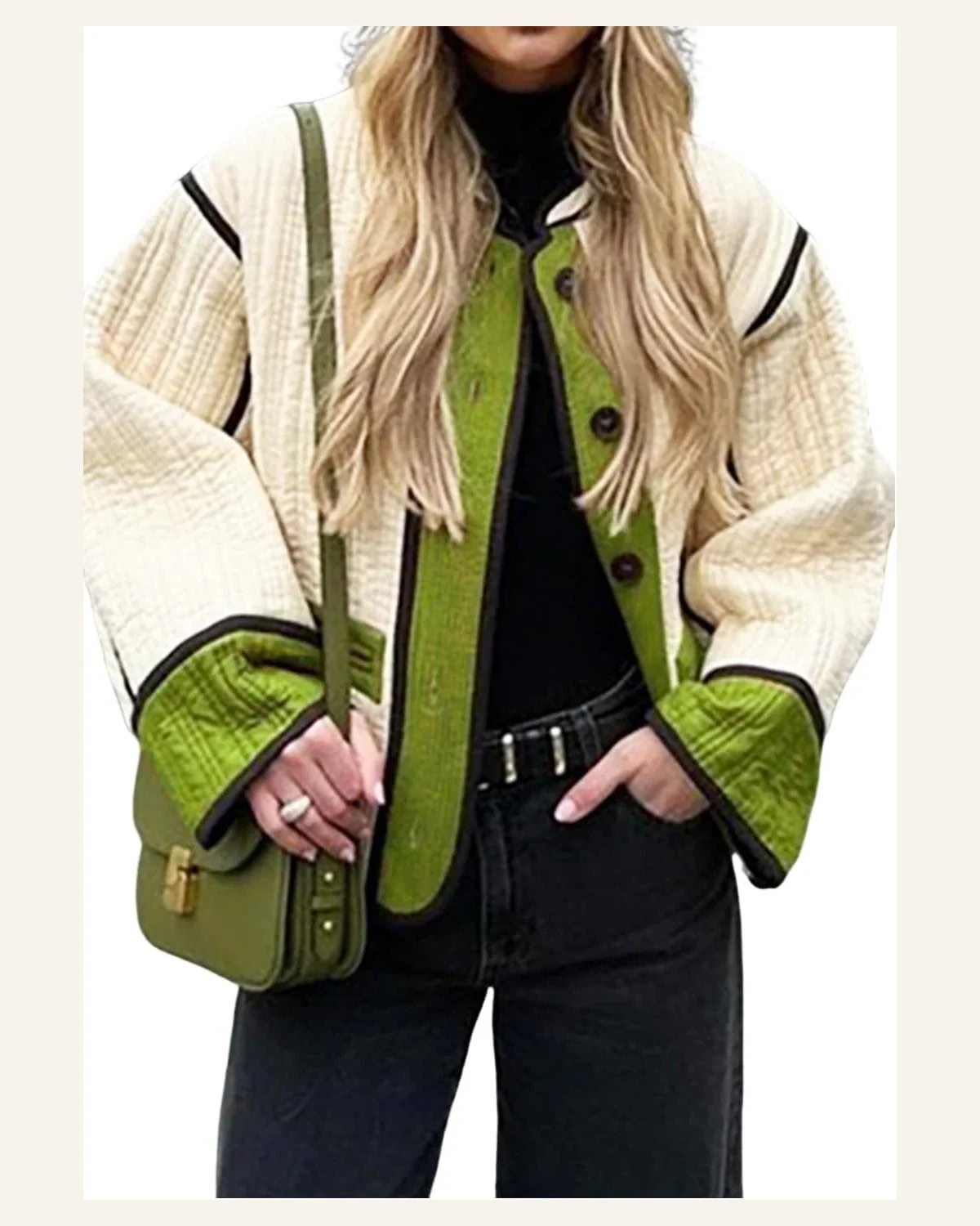 Shacket Jacket Casual Fern Green Quilted Colorblock Button by SELINK