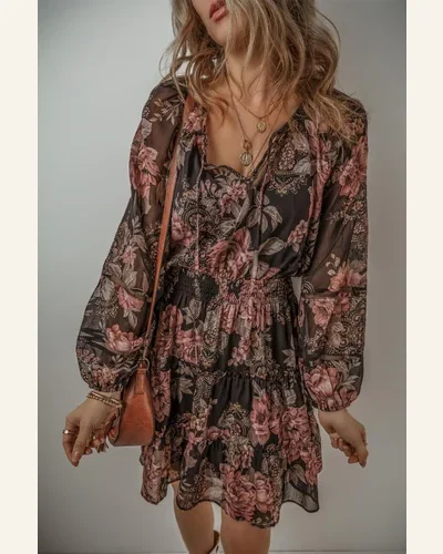 Fall Dresses Boho Black Vintage Floral Puff Sleeve, view 3
