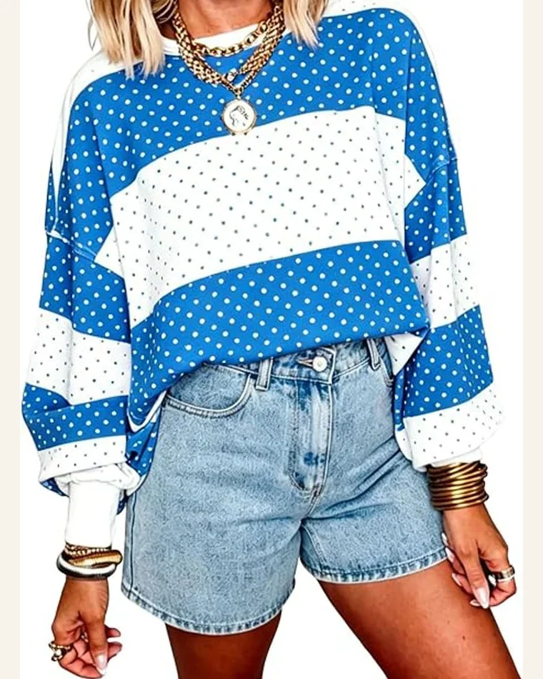 Casual Polka Dot Colorblock Patchwork Long Sleeve Tops by SELINK