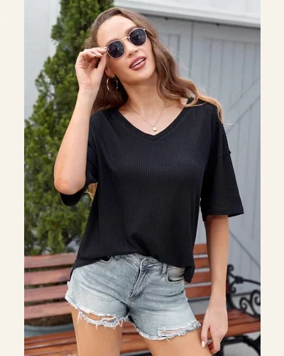 Short Sleeve T Shirt Casual Black Waffle Knit, view 2