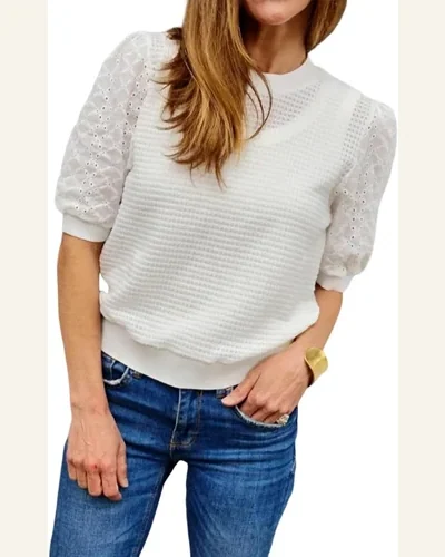 Short Sleeve T Shirt Casual White Broderie Anglaise, view 1