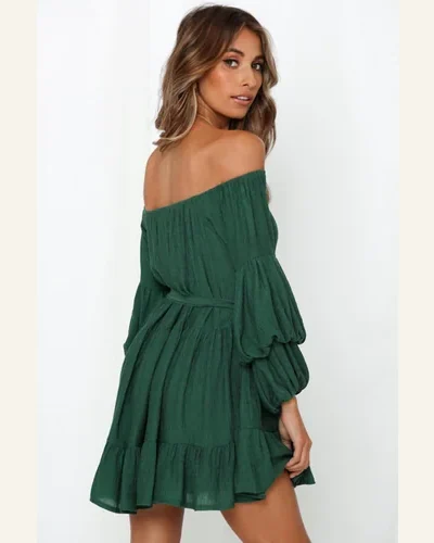 Fall Dresses Casual Green Off-Shoulder Tiered Bubble Sleeve, view 3