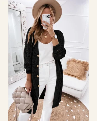 Cardigan Sweater Casual Black Hollow-Out Openwork Knit Cardigan, view 3