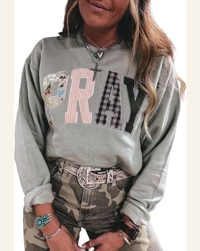 Sweatshirt PRAY Patchwork Crewneck Pullover Top, view 4
