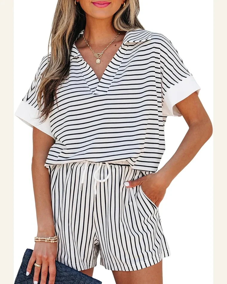 Striped Two Piece Sets Summer Lounge Outfits Casual by SELINK