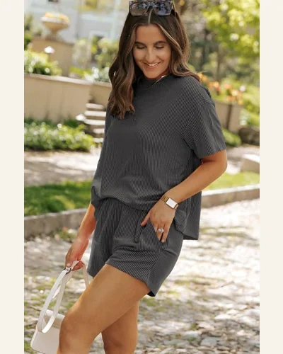 Casual Carbon Grey Ribbed Textured Knit Loose Fit Top, view 3