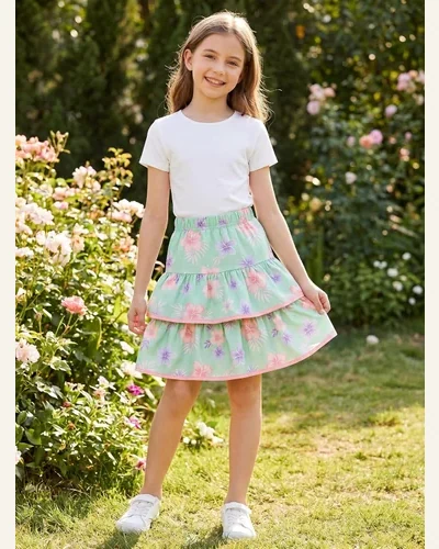 Big Girls Mint Green Tropical Hibiscus Floral Skirt, view 4