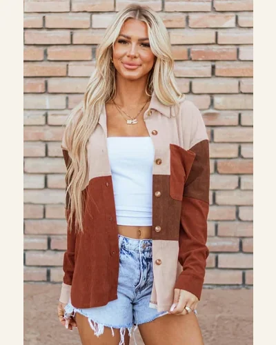 Shacket Jacket Casual Cinnamon Colorblock Curved Hem Corduroy, view 4