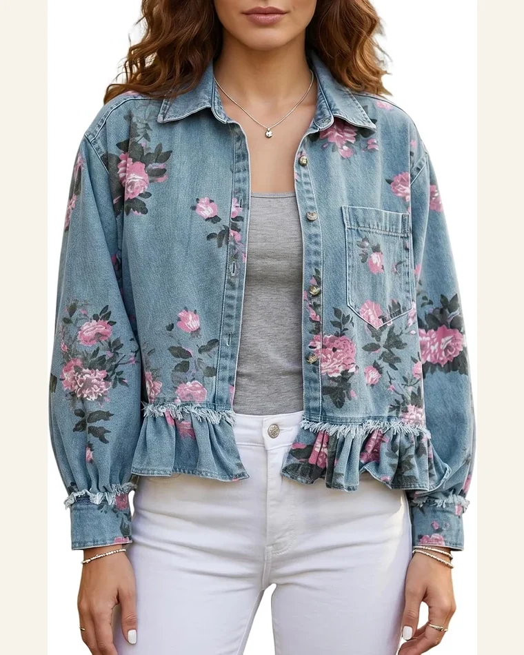 Floral Print Raw Seam Ruffle Hem Denim Jacket by SELINK