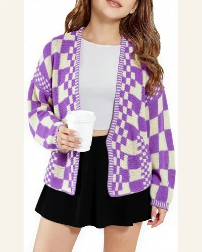 Girls Chunky Plaid Open Front Vintage Cardigan Sweater, view 1