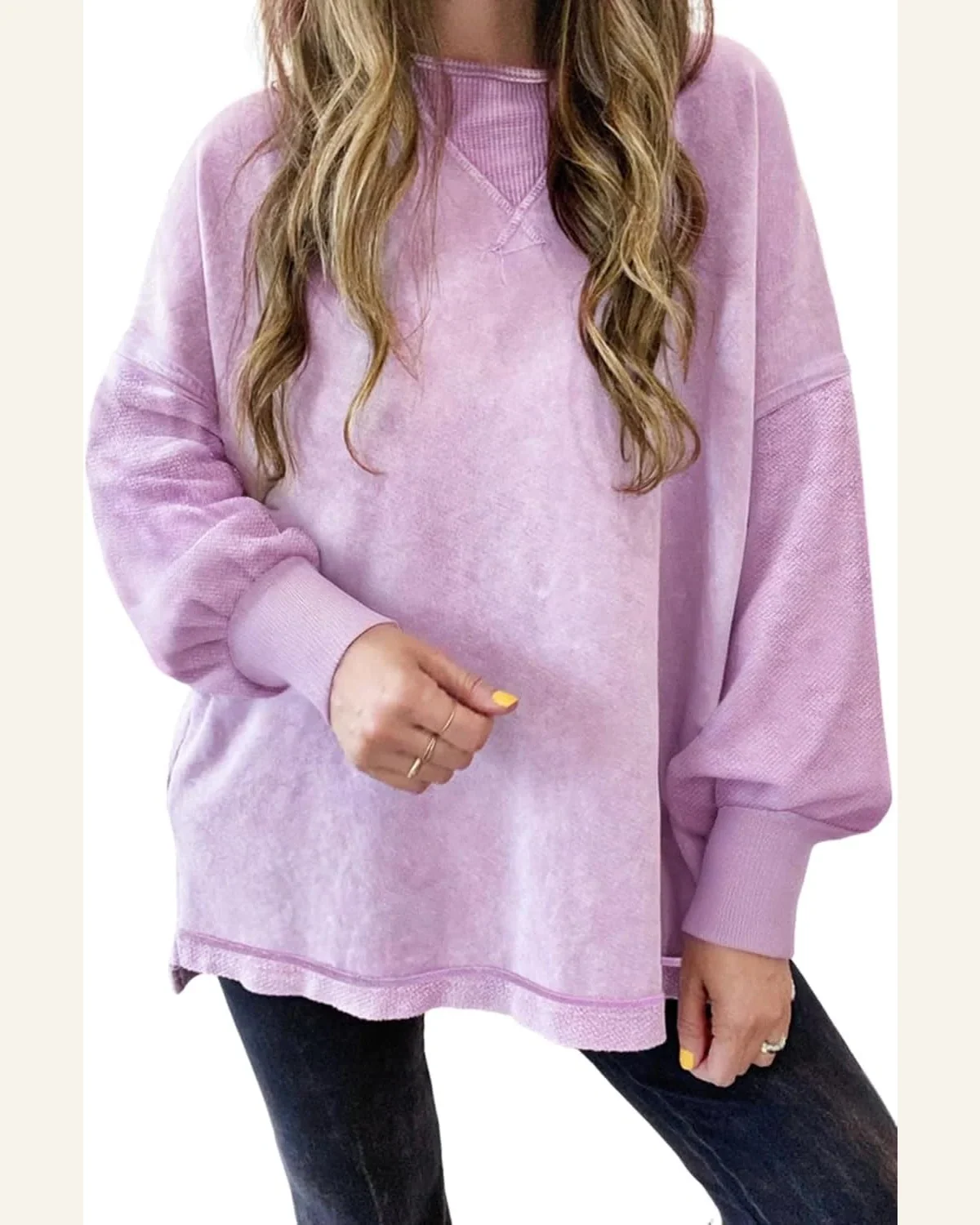 Casual Orchid Petal Mineral Wash Drop Shoulder Pullover by SELINK