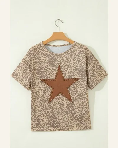 Retro Leopard Print T-Shirt Studded Star Loose Tee, view 4
