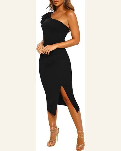 Ruffle One Shoulder Side Split Bodycon Dress Cocktail, view 3