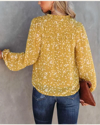 Casual V Neck Long Sleeve Printed Crinkled Blouse, view 2