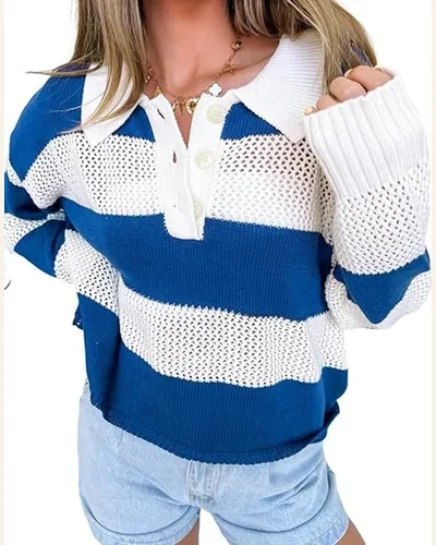 Casual Colorblock Pullover Sweater Tops Blue Stripe Polo, view 1