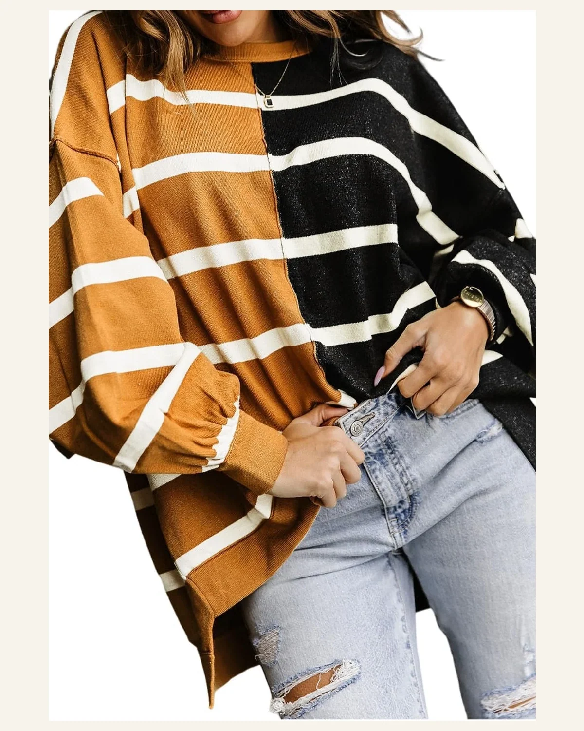 Tunic Tops Casual Stripe Oversized Contrast Printed Dropped by SELINK