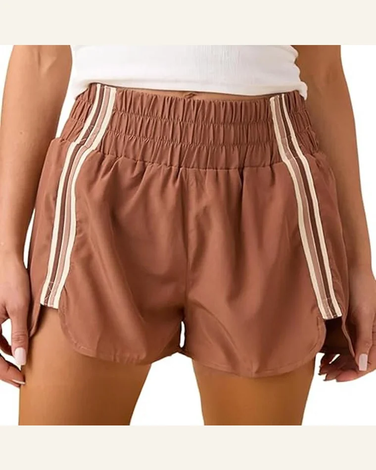 Athletic Shorts Casual Chestnut Elastic Waist Striped Athleisure by SELINK