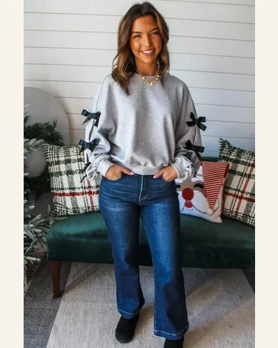 Casual Light Grey Contrast Bow Applique Sweatshirt Solid, view 3