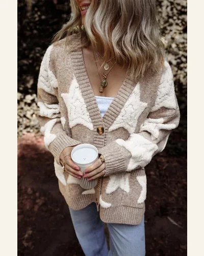 Cardigan Sweater Casual Khaki Sherpa Star Pattern Textured, view 3