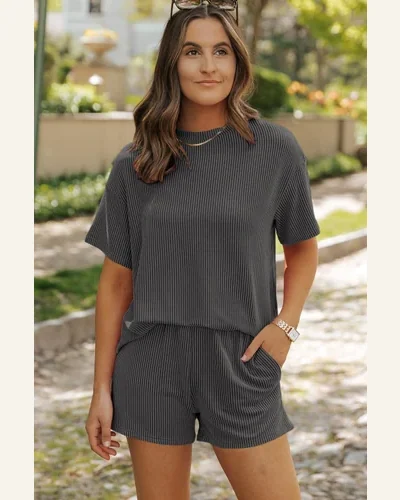 Casual Carbon Grey Ribbed Textured Knit Loose Fit Top, view 4