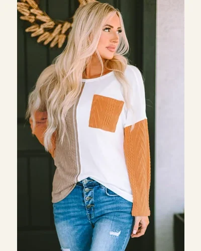 Tunic Tops Casual Orange Long Sleeve Colorblock Chest, view 4