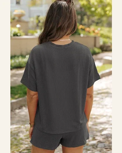 Casual Carbon Grey Ribbed Textured Knit Loose Fit Top, view 2