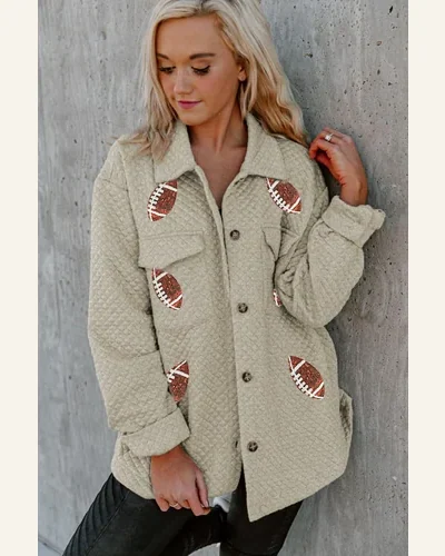 Shacket Jacket Casual Beige Sequin Rugby Football Quilted, view 3