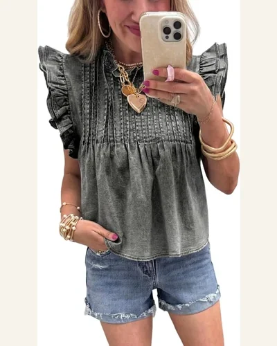 Casual Gray Ruffle Pleated Vintage Washed Denim Top, view 4
