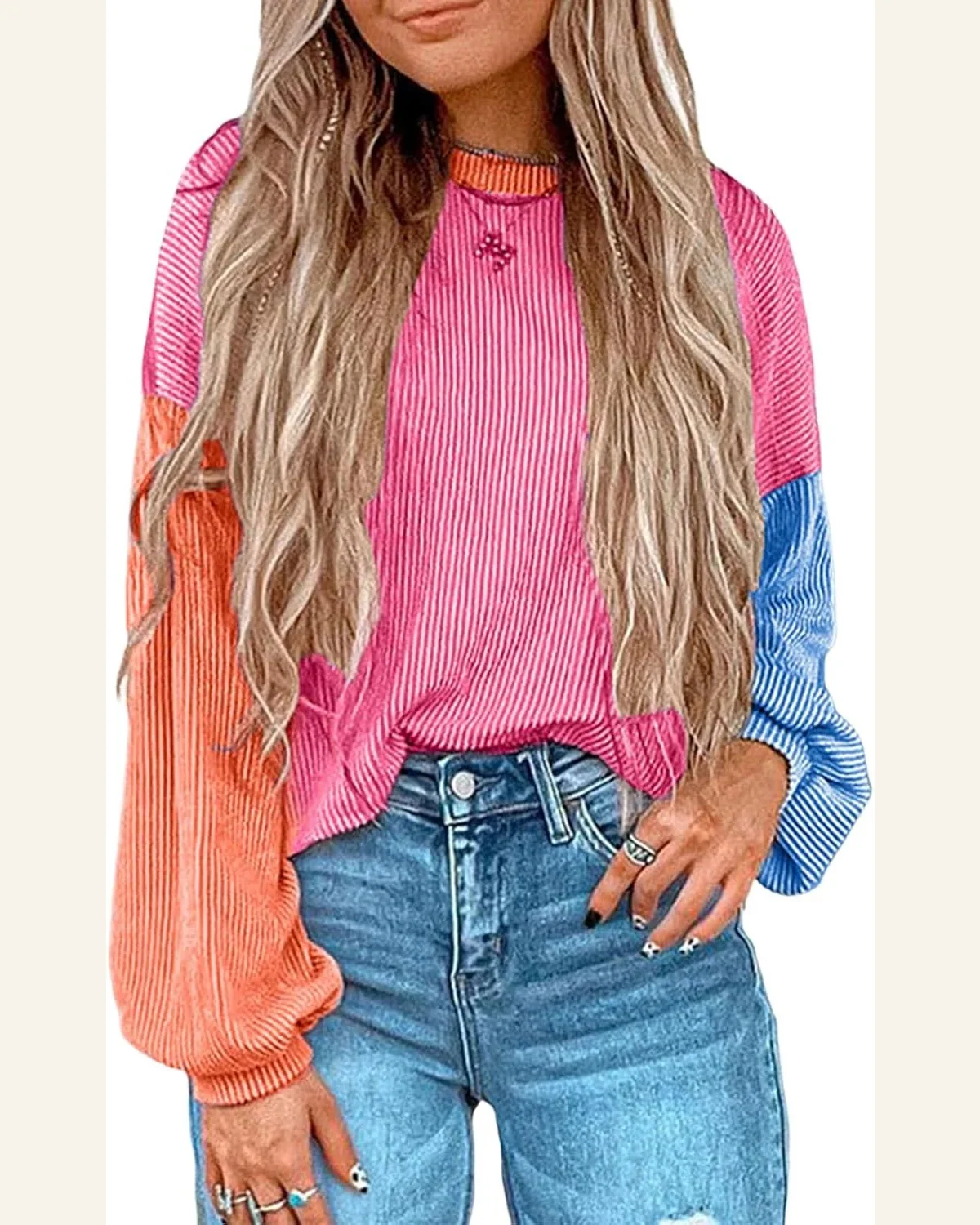 Casual Pullover Tops Corded Colorblock Long Sleeve Crop by SELINK