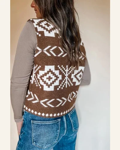 Western Print Tank Tops Brown Southwestern Aztec Button, view 4