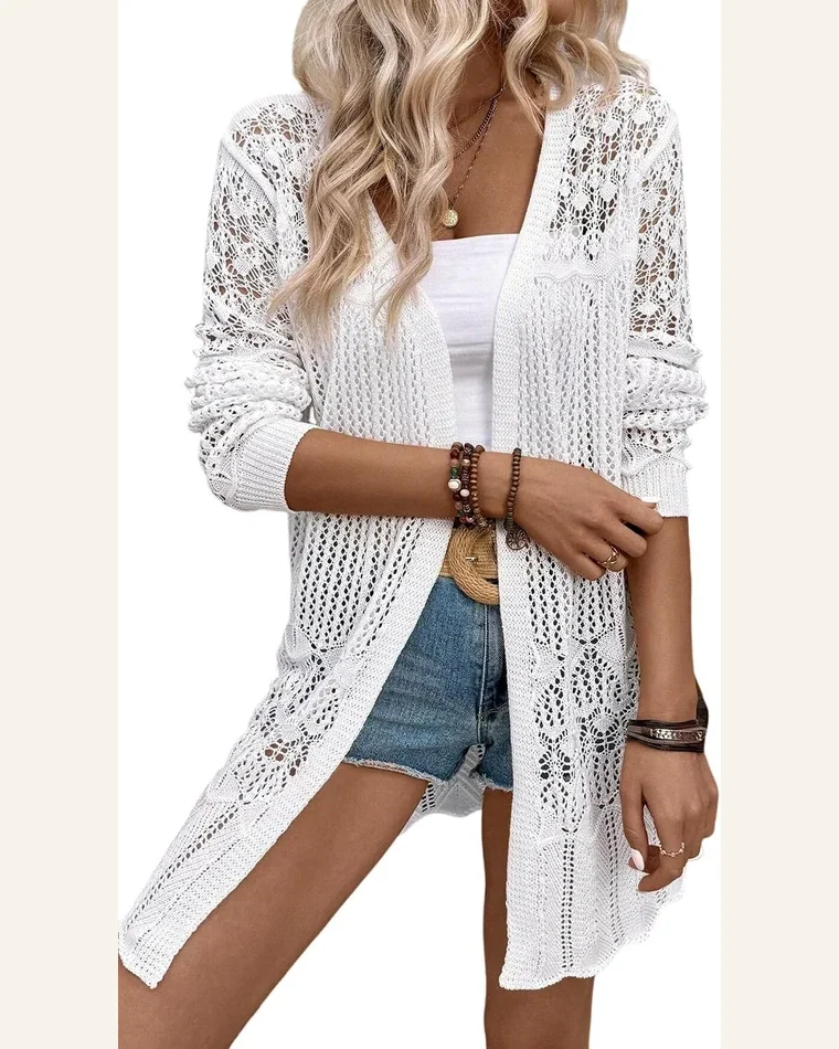 Cardigan Sweater Casual White Crochet Hollow Out Open by SELINK